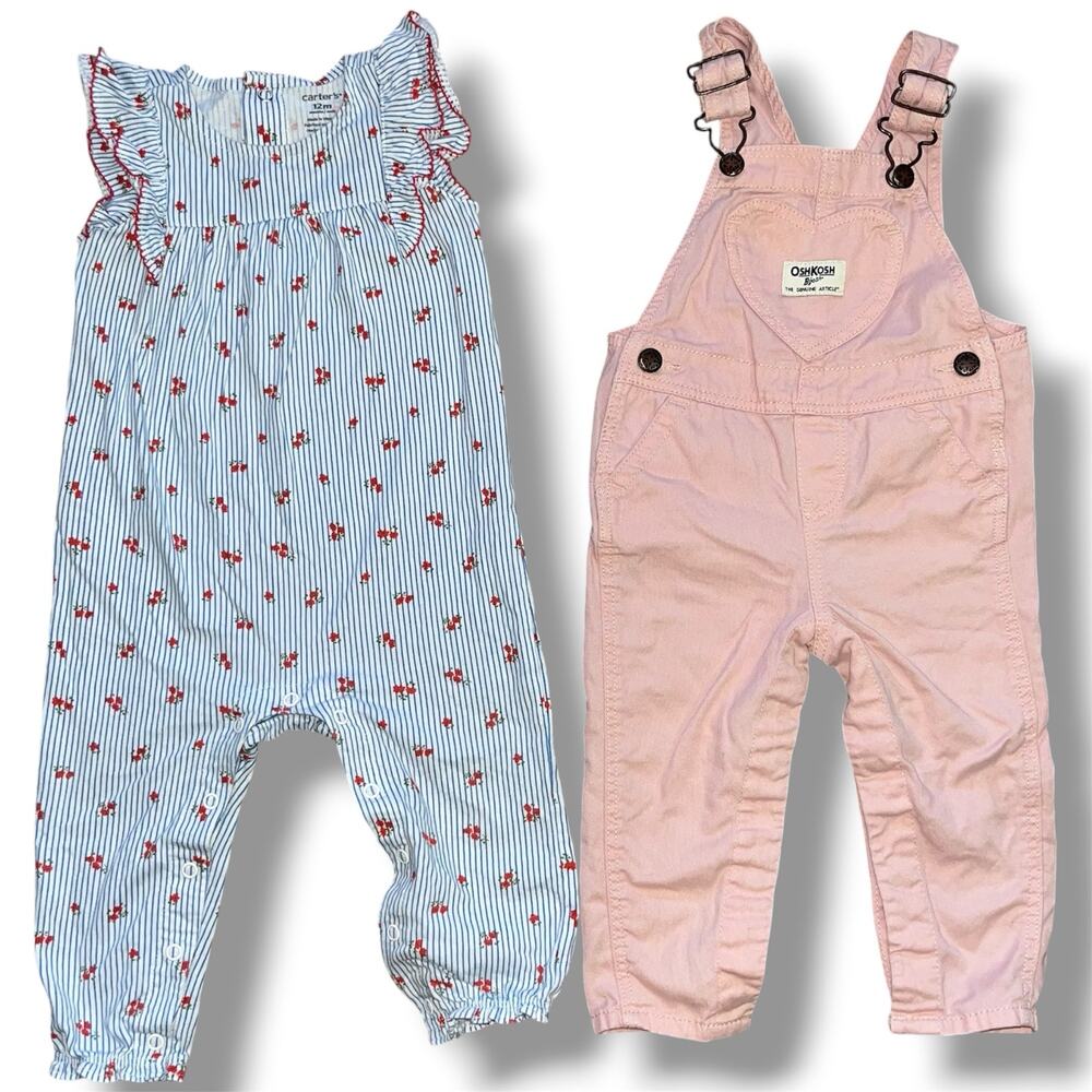 OshKosh B'gosh Pink Heart Overalls & Carter's Cherry Jumpsuit Bundle | 12 Months